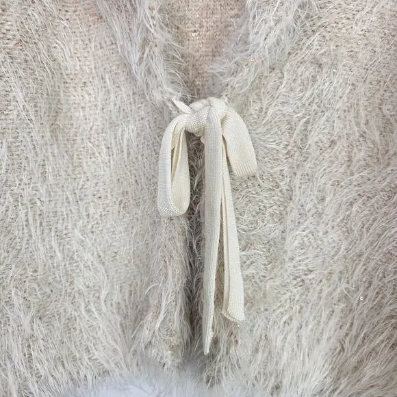 Free People Mina Fuzzy Sequin Tie Front Cardigan Cream Ivory Size Large - Picture 7 of 9